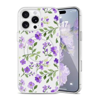 Imagem de EYZUTAK Capa magnética para iPhone 15 Pro Max com flores compatível com MagSafe, bonita floral elegante estética capa protetora fina transparente antiamarelamento para meninas e mulheres - roxo