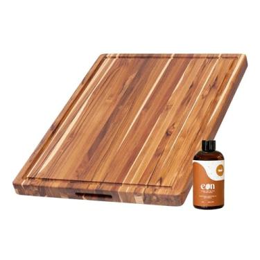 Imagem de Teakhaus Conjunto de óleo para tábua de esculpir e cortar – Inclui tábua de corte de madeira média (M) com sulco de suco e óleo mineral de grau alimentício EON - Adequado para facas - Certificado FSC