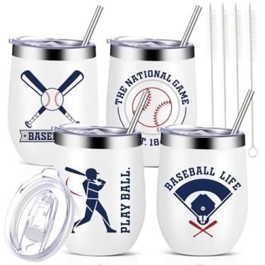 Imagem de Mifoci 4 peças de copos de beisebol copos de beisebol amantes de vinho presentes 350 ml copo de vinho isolado de aço inoxidável com canudo e tampa caneca de café para mulheres homens parceiros