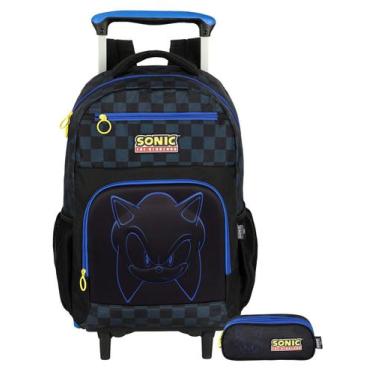 Imagem de Kit Escolar Mochila 3 Rodas + Estojo Triplo SONIC Game Luxo - Luxcel