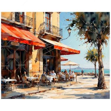 Imagem de Kit de pintura à beira-mar por números para adultos – DIY Café ao ar livre à beira-mar com toldos vermelhos pintura em tela, conjunto de tinta acrílica, adequado para iniciantes, arte para casa ou