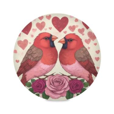 Imagem de JUZIHAI Jogo americano de pássaros vermelhos para o dia dos namorados, conjunto de 6 tapetes redondos de 38 cm, laváveis e antiderrapantes resistentes ao calor, para decoração de cozinha, festas de