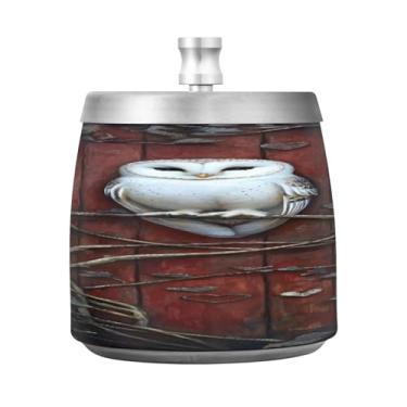 Imagem de JUZIHAI Cinzeiro de porta vermelha velha de coruja branca com tampa, bandeja de cinzeiro de aço inoxidável inodoro à prova de vento cinzeiro sem fumaça para escritório em casa, pátio, varanda, cigarro