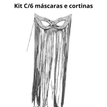 Imagem de Kit C 6 Cortinas 6 Máscaras Grande Prata Plástico Carnaval - sm decora