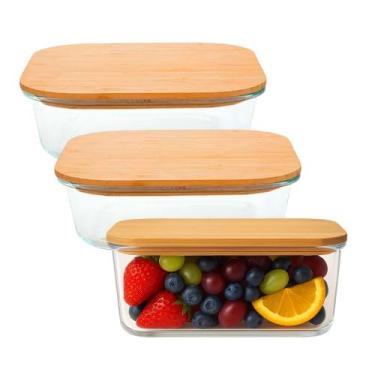 Imagem de Kit 3 Pote de Vidro com Tampa de Bambu Retângular 635ml Em Casa Tem - 