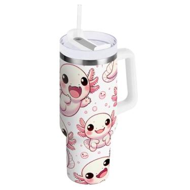 Imagem de ODAWA Copo grande à prova de vazamento, bonito desenho animado Axolotls copos isolados de aço inoxidável com canudo e alça