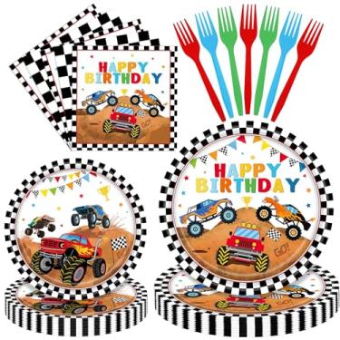 Imagem de Herytem Conjunto de 96 peças de utensílios de mesa de aniversário Monster Truck – Pratos descartáveis, guardanapos e garfos com tema de carro de corrida para crianças, festa de aniversário ou evento