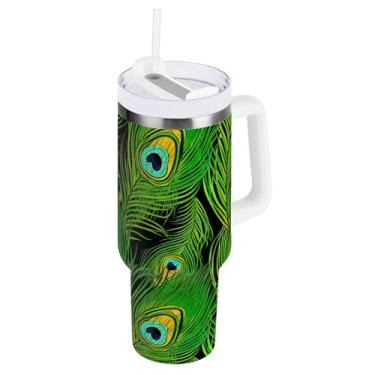 Imagem de ODAWA Copo à prova de derramamento de 1,134 g com palha, penas de pavão verde duplo isolado com canudo e alça