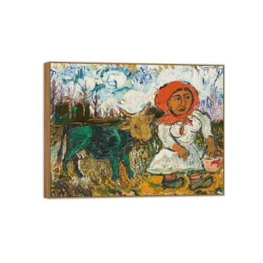 Imagem de BMZFYBS David Burliuk Famosas impressões em tela de arte de parede prontas para pendurar. Leiteira e vaca. Pintura de moldura de madeira para decoração de sala de estar 80 x 105 cm 31 x 41 pol