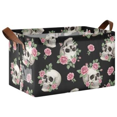 Imagem de Skulls Cestas decorativas vintage de rosas rosas com alças, organizador de cesta dobrável para organização e armazenamento de trailers, 17 x 29 x 25 cm, 1 pacote