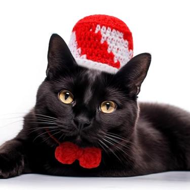 Imagem de Sanwuta Cartola de crochê vermelha e branca com gravata borboleta vermelha, chapéu de fogão, tiras ajustáveis, fantasia de cosplay para animais de estimação, acessório de leitura nacional