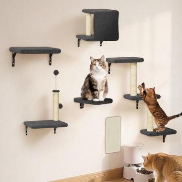 Imagem de Prateleiras de parede 6 em 1 para gatos grandes, conjunto de móveis de parede estável e seguro para animais de estimação, preto