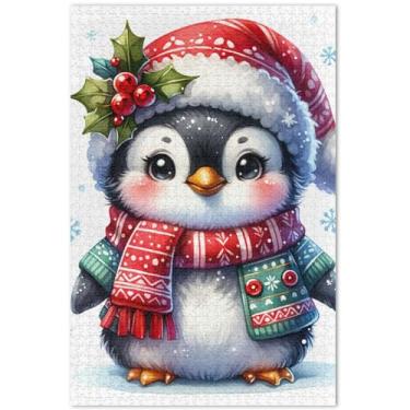 Imagem de Quebra-cabeça de Natal de pinguim fofo, 1000 peças, presentes de festa de elefante branco para adultos, quebra-cabeças difíceis, jogos, arte, 75 x 40 cm