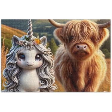 Imagem de Quebra-cabeça de unicórnio fofo gado Highland 1000 peças adultos elefante branco família desenhos animados, 75 x 40 centímetros