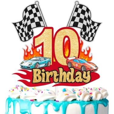Imagem de Topo de bolo de carro de corrida infantil 10º tema de corrida feliz aniversário bandeira quadriculada decorações de estrada meninos e meninas piloto festa de aniversário carro temático roda de festa