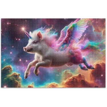 Imagem de Unicórnio Porco Fantasia Universo Adulto Quebra-cabeça 500 Peças Jogo de Brinquedo Arte Quebra-cabeça Cena Outono Elefante Branco, 50,5 x 14,9 polegadas