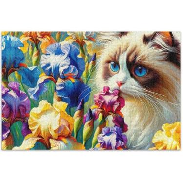Imagem de Ragdoll Gato Íris Flores 500 Peças Quebra-cabeça para Adultos Presentes Tecnológicos Presentes Masculinos Quebra-cabeça Exclusivo Brinquedo Artwork, 50,5 x 14,9 polegadas