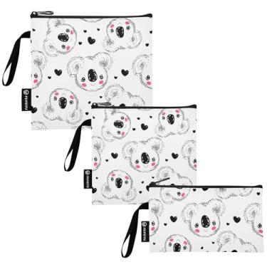 Imagem de Sacos de sanduíche pretos com corações de coalas brancos, reutilizável, lavável, bolsa de armazenamento de alimentos com zíper para crianças, estudantes, adultos (conjunto de 3: P/M/G)