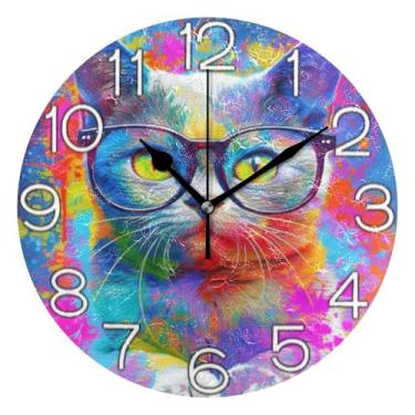 Imagem de Relógio de parede analógico decorativo relógio de cozinha bonito operado por bateria silencioso, decoração de parede vintage, sala de estar, gato fofo, tinta brilhante colorida, 25 cm, ponteiros