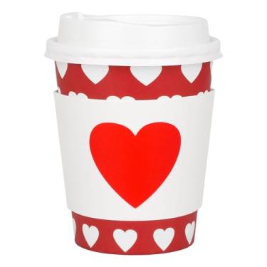 Imagem de AimFun 50 peças de copos de café descartáveis de coração vermelho e branco com tampas e mangas 227 g copos de papel para aniversário de casamento, casamento, chá de noiva, dia das mães, suprimentos de