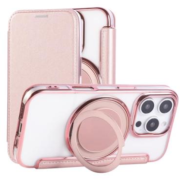 Imagem de Capa carteira para iPhone 15 Pro com 3 compartimentos para cartão, bloqueio RFID, suporte de anel giratório de 360° e compatibilidade magnética, capa traseira transparente à prova de choque, suporta