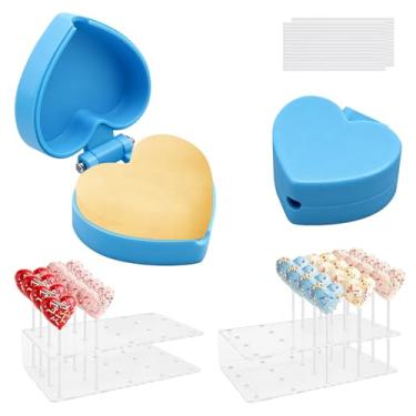 Imagem de Conjunto de ferramentas de decoração e molde de bolo 3 em 1 em forma de coração, incluindo suporte de exibição de acrílico transparente, cortador de bolo em forma de coração impresso em 3D, acessórios