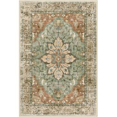 Imagem de RELEANY Tapetes de área, 1,2 m x 1,5 m, lavável, antiderrapante, floral, vintage, estampa de angústia, tapete medalhão para sala de estar, quarto, sala de jantar, vermelho tijolo, ferrugem, neutro