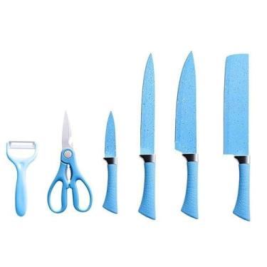 Imagem de Conjunto de Facas de Cozinha, 6 Peças, Azul, Inclui Descascador e Tesoura