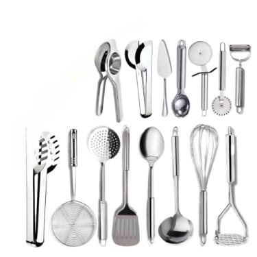 Imagem de Kit Utensílios de Cozinha Inox 15 Peças Completo | Pegador Concha Colher Espátula Ralador (Kit 15 peças)