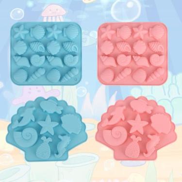 Imagem de 4 moldes de fondant com tema marinho, 2 tamanhos de silicone sob o mar, concha do mar, concha, sereia, estrela-do-mar, acessório de cozimento para bolos de chocolate, doces, argila de polímero (azul e