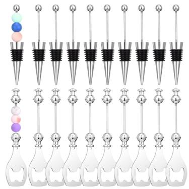 Imagem de Conjunto de 20 rolhas de vinho com contas e abridor de garrafa com contas – 10 rolhas decorativas reutilizáveis para garrafas de vinho e 10 abridores de liga para artesanato DIY, casamento