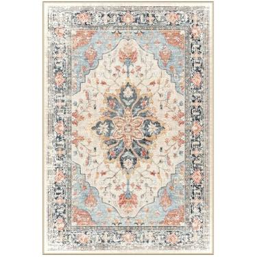 Imagem de RELEANY Tapetes de área, 1,2 m x 1,5 m, lavável, antiderrapante, estampa floral, vintage, tapete medalhão para sala de estar, quarto, sala de jantar, bege, azul marinho, laranja, colorido