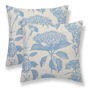 Imagem de Capas de almofada floral azul bebê 45,7 x 45,7 cm, conjunto de 2 capas de almofada decorativas de hortênsia vintage de linho vintage para decoração de flores ao ar livre para sofá de casa