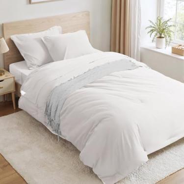 Imagem de Anluoer Conjunto de edredom solteiro branco, 5 peças, cama em uma bolsa com lençóis, 1 edredom, 1 fronha, 1 lençol de cima, 1 lençol com elástico