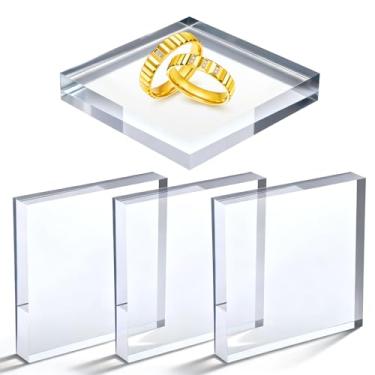 Imagem de Meyeyaia 4 peças de blocos quadrados de acrílico de 15 x 15 x 2,5 cm para exibição, suporte de pedestal de exibição de cubos de acrílico polido transparente para joias, anel colecionável, suporte de