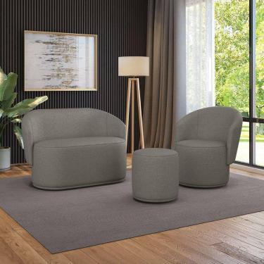 Imagem de Sofá Namoradeira Com Poltrona E Puff Orgânico Sala Malu Linho Grafite M11 - D`rossi