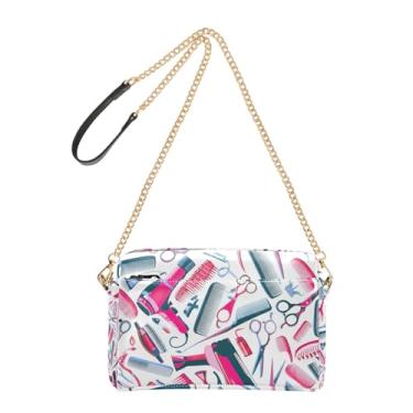 Imagem de Bolsa feminina transversal, ferramentas de cabeleireiro rosa, bolsa branca para telefone, alça de corrente, bolsa de ombro de couro PU