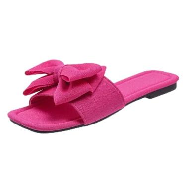 Imagem de Chinelos femininos modernos de lazer primavera e verão praia confortável laço cor sólida cabeça quadrada bico aberto chinelos planos, Vermelho, 34