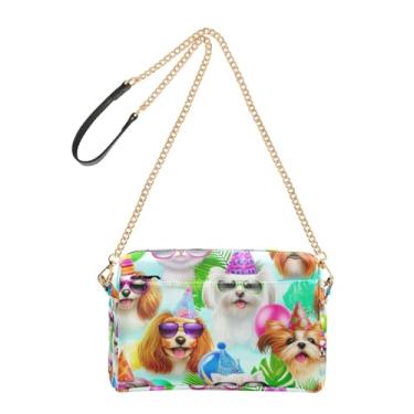 Imagem de Joitme Bolsa feminina colorida Happy Dogs Cats Leaves Crossbody para celular bolsa de couro PU bolsa de ombro alça de corrente