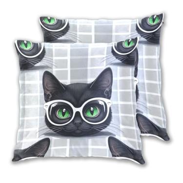 Imagem de Joitme Lindo gato preto branco cinza conjunto de 2 almofadas de sofá floral animal sofá decoração de quarto, 40,6 x 40,6 cm, 2 peças