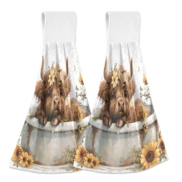 Imagem de Joitme Toalhas de mão penduradas de vaca Highland para banheira, pacote com 2, toalha de forno de lã coral macia absorvente de cozinha com laço de fita mágica