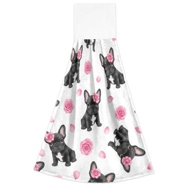 Imagem de Joitme Toalhas de mão rosa fofas de cachorro preto buldogues com laços para pendurar toalhas de gravata de forno altamente absorventes toalha fofa decoração de cozinha conjunto de 2, 45 x 35
