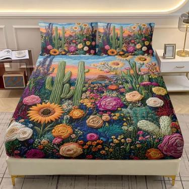 Imagem de AILONEN Jogo de lençol casal, cacto colorido e flor, para meninos e meninas, 3 peças, lindo tema de deserto, botânico, lençol com bolso profundo + 2 fronhas