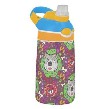 Imagem de Dogs Garrafa de água colorida com estampa de ossos infantis 473 ml Tritan à prova de vazamento garrafa de água esportiva com tampa de canudo 473 ml copo infantil reutilizável portátil, alça de