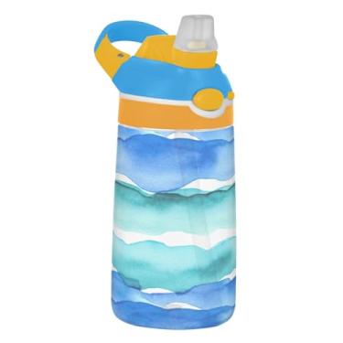 Imagem de Garrafa de água infantil Tritan de 473 ml com tampa de palha, garrafa de água esportiva à prova de vazamento de 473 ml, copo infantil reutilizável portátil, alça de transporte, ondas do oceano em