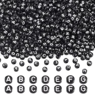 Imagem de Magibeads 1140 peças de contas pretas de acrílico 6 x 5 mm contas europeias com orifício grande branco aleatório alfabeto pequeno inicial Kandi contas para artesanato, pulseiras da amizade, chaveiro