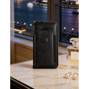 Imagem de Carteira longa de moda masculina, carteira de couro macio com zíper único com vários compartimentos para cartão e bolso para telefone, organizador de bloqueio de RFID de grande capacidade (preto)