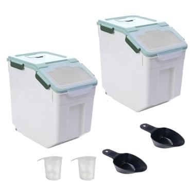 Imagem de MXCELL Pacote Com 2 Dispensadores De Arroz 50 Lb, Grande Suporte Hermético Para Farinha, Recipiente Armazenamento Ração Cães 25 Plástico Grãos Colher E Copo Medidor Bancada Despensa Cozinha (Verde)