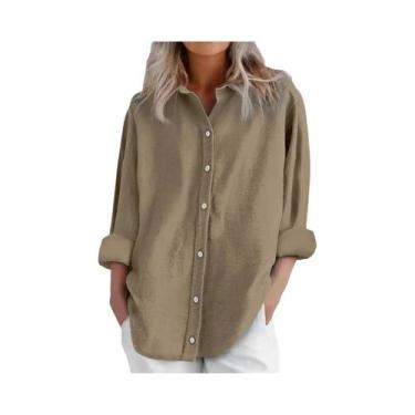 Imagem de Camisa Casual Feminina De Algodão E Linho De Manga Longa Em Cor Sólida