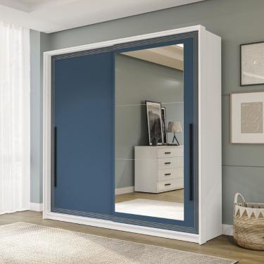 Imagem de Guarda Roupa Roupeiro 2 portas de correr 2 gavetas com Espelho Valência Branco Azul Politorno Móveis
